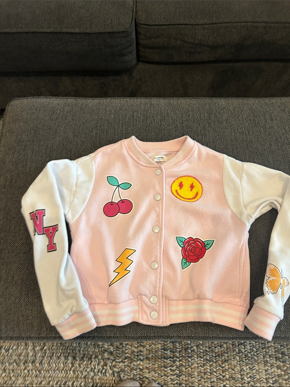 Girls' Pink & White Patch Bomber Jacket